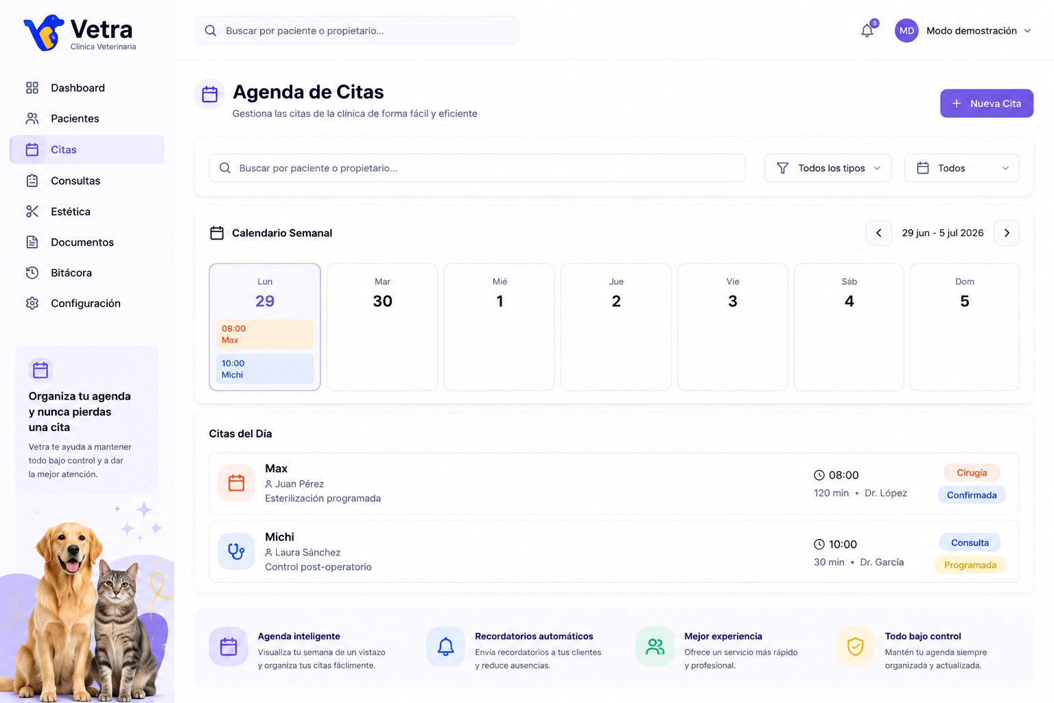 Pantalla de Agenda en Vetra